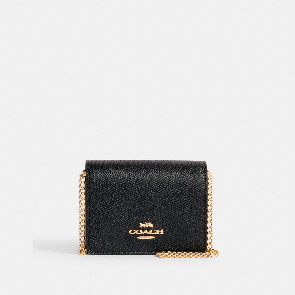 COACH®,MINI WALLET ON A CHAIN,Crossgrain Leather,Mini,Gold/Black,Front View