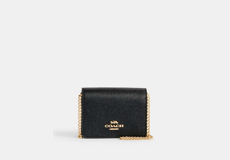 COACH®,MINI WALLET ON A CHAIN,Leather,Mini,Gold/Black,Front View