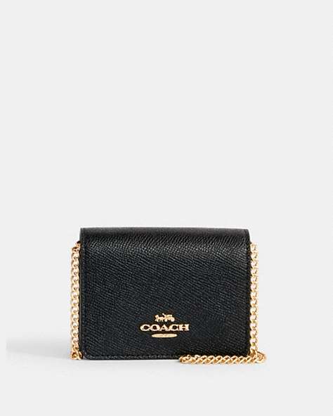 COACH®,MINI WALLET ON A CHAIN,Leather,Gold/Black,Front View
