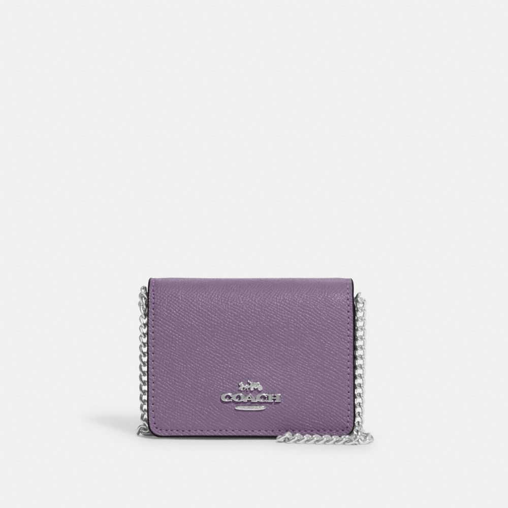 COACH®,MINI WALLET ON A CHAIN,Crossgrain Leather,Mini,Silver/Amethyst,Front View
