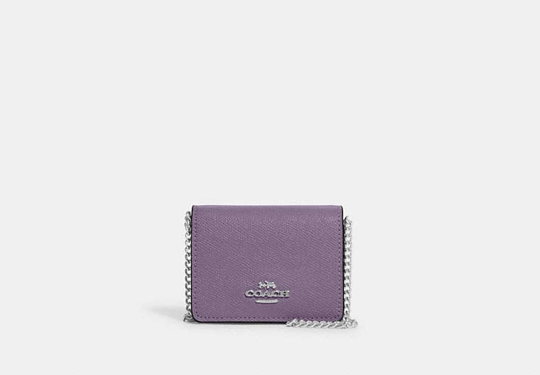 COACH®,MINI WALLET ON A CHAIN,Leather,Mini,Silver/Amethyst,Front View