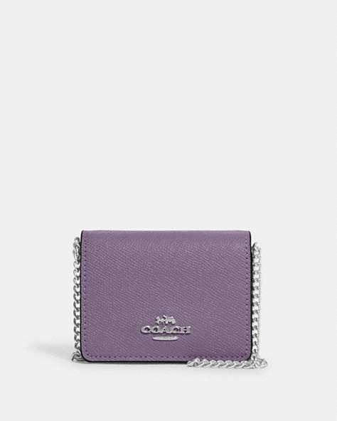 COACH®,MINI WALLET ON A CHAIN,Leather,Silver/Amethyst,Front View