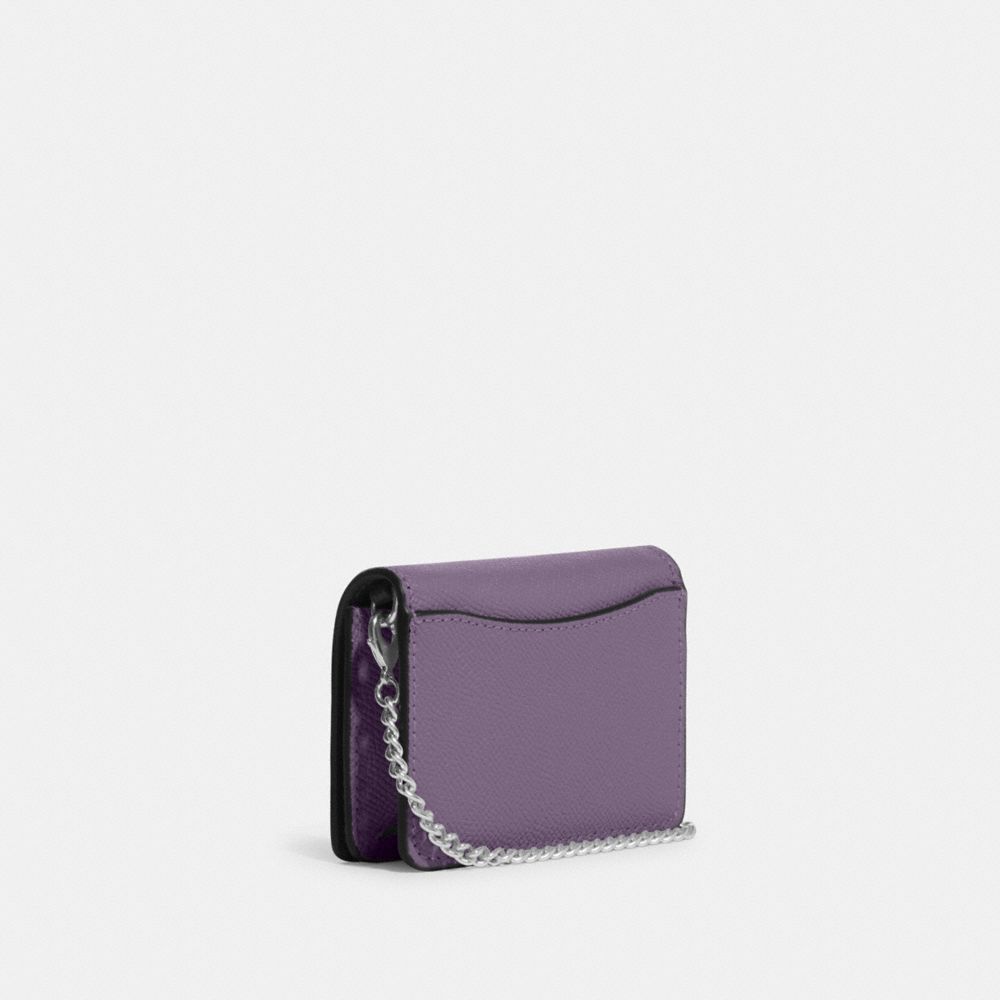 COACH®,MINI WALLET ON A CHAIN,Crossgrain Leather,Mini,Silver/Amethyst,Angle View