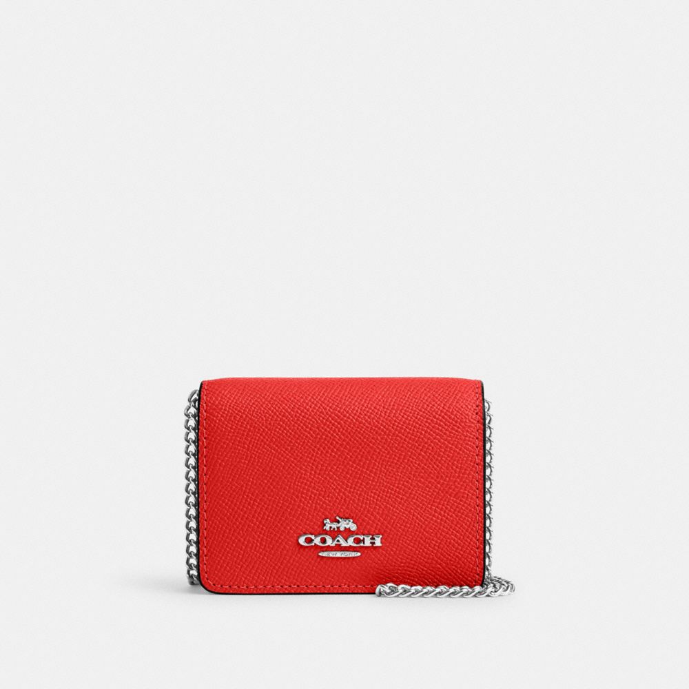 COACH®,MINI PORTEFEUILLE SUR UNE CHAÎNE,Cuir Cross-grain,Argent/Rouge Miami,Front View