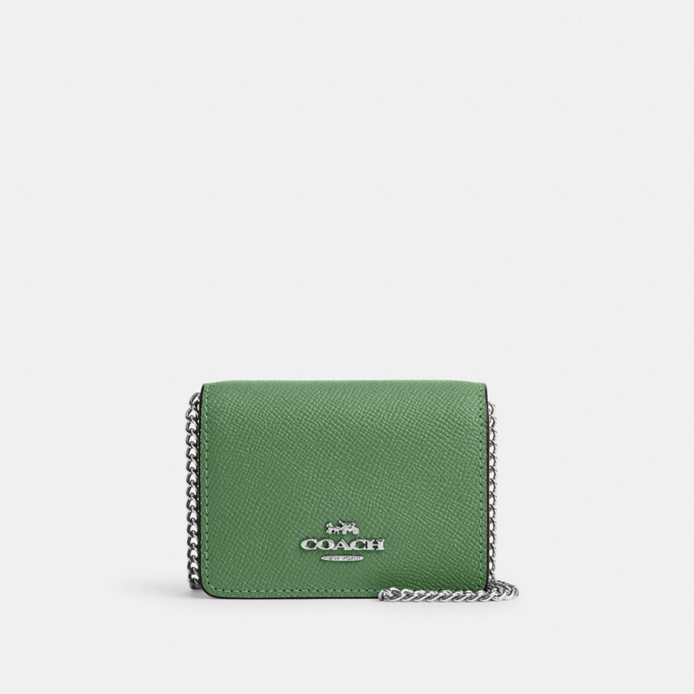 COACH®,MINI WALLET ON A CHAIN,Crossgrain Leather,Mini,Silver/Soft Green,Front View