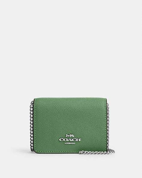 COACH®,MINI WALLET ON A CHAIN,Mini,Silver/Soft Green,Front View
