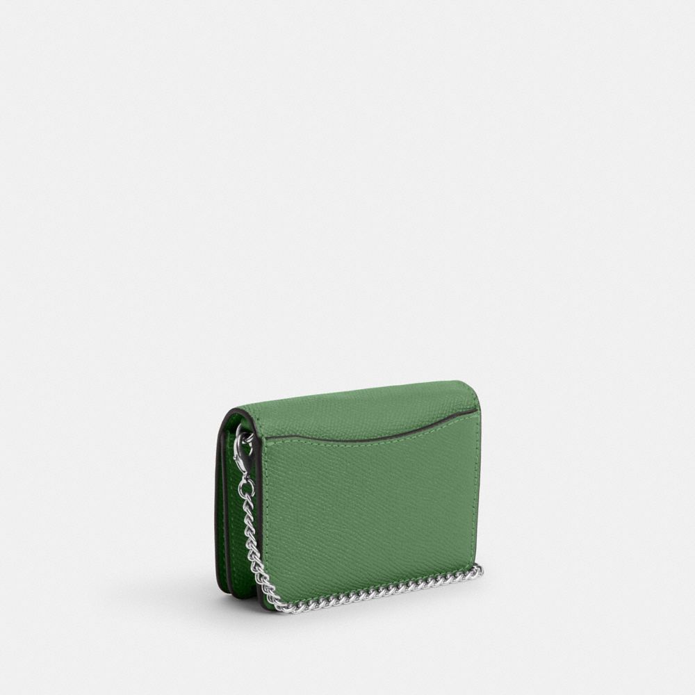 COACH®,MINI WALLET ON A CHAIN,Crossgrain Leather,Mini,Silver/Soft Green,Angle View
