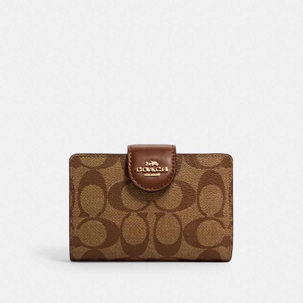 COACH®,MEDIUM CORNER ZIP WALLET IN SIGNATURE CANVAS,Signature Canvas,Mini,Gold/Khaki Saddle 2,Front View