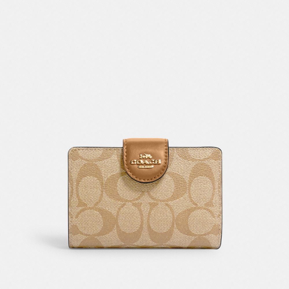 COACH®,MEDIUM CORNER ZIP WALLET IN SIGNATURE CANVAS,Signature Canvas,Mini,Gold/Lt Khaki/Lt Saddle,Front View