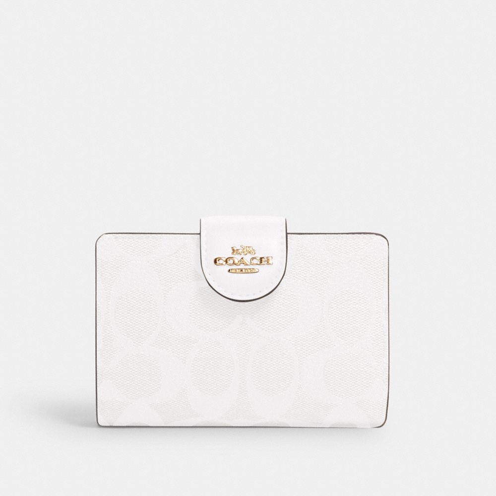 COACH®,MEDIUM CORNER ZIP WALLET IN SIGNATURE CANVAS,Signature Canvas,Mini,Gold/Chalk/Glacierwhite,Front View