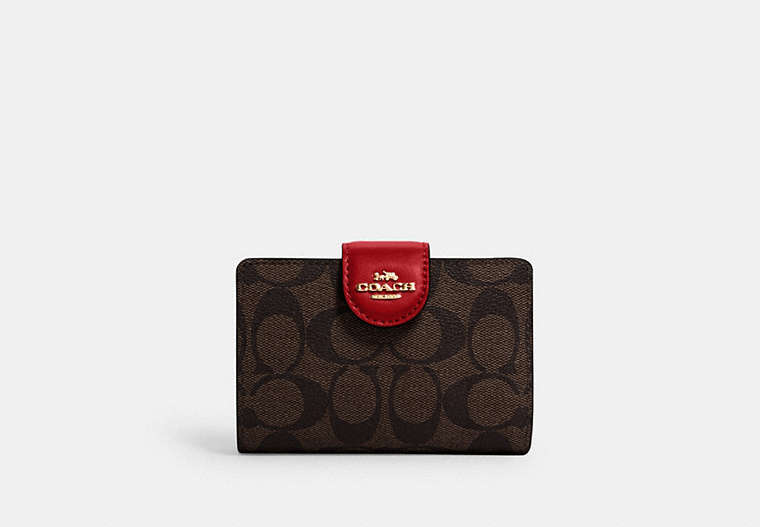 COACH®,MEDIUM CORNER ZIP WALLET IN SIGNATURE CANVAS,pvc,Mini,Gold/Brown 1941 Red,Front View
