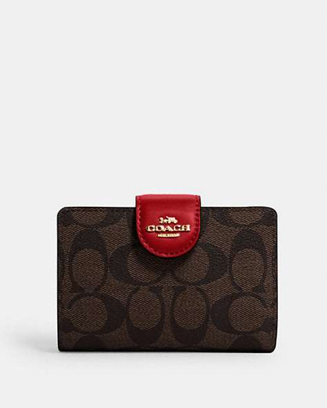 COACH®,MEDIUM CORNER ZIP WALLET IN SIGNATURE CANVAS,pvc,Gold/Brown 1941 Red,Front View