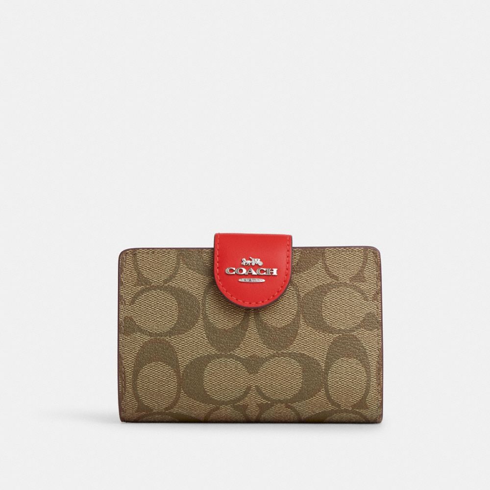 COACH®,MEDIUM CORNER ZIP WALLET IN SIGNATURE CANVAS,Signature Canvas,Mini,Silver/Khaki/Miami Red,Front View