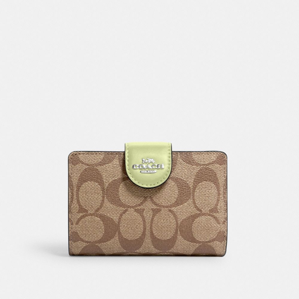COACH®,Medium Corner Zip Wallet In Signature Canvas,Leather,Canvas,Bi Fold,Logo,Color Block,Casual,Brown,Front View