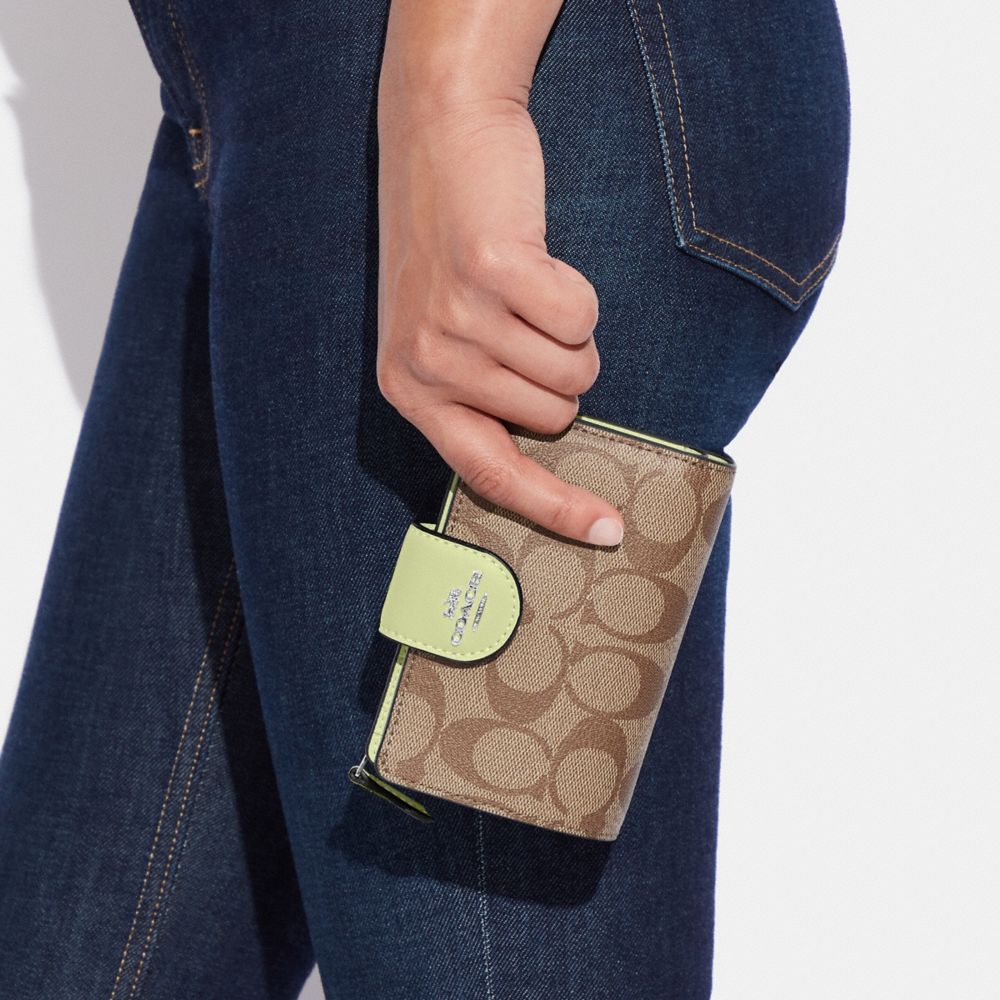 COACH®,Medium Corner Zip Wallet In Signature Canvas,Leather,Canvas,Bi Fold,Logo,Color Block,Casual,Brown,Detail View
