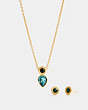 COACH®,OPEN CIRCLE NECKLACE AND PEAR EARRINGS SET,Metal,Gold/BLUE,Front View