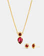 COACH®,OPEN CIRCLE NECKLACE AND PEAR EARRINGS SET,Metal,Gold/Red,Front View