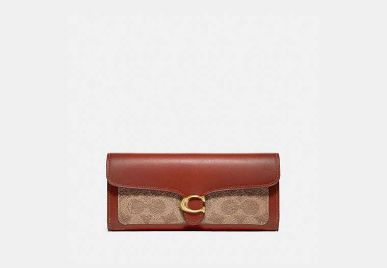 COACH®,TABBY LONG WALLET IN COLORBLOCK SIGNATURE CANVAS,Signature Coated Canvas/Smooth Leather,Brass/Tan/Rust,Front View