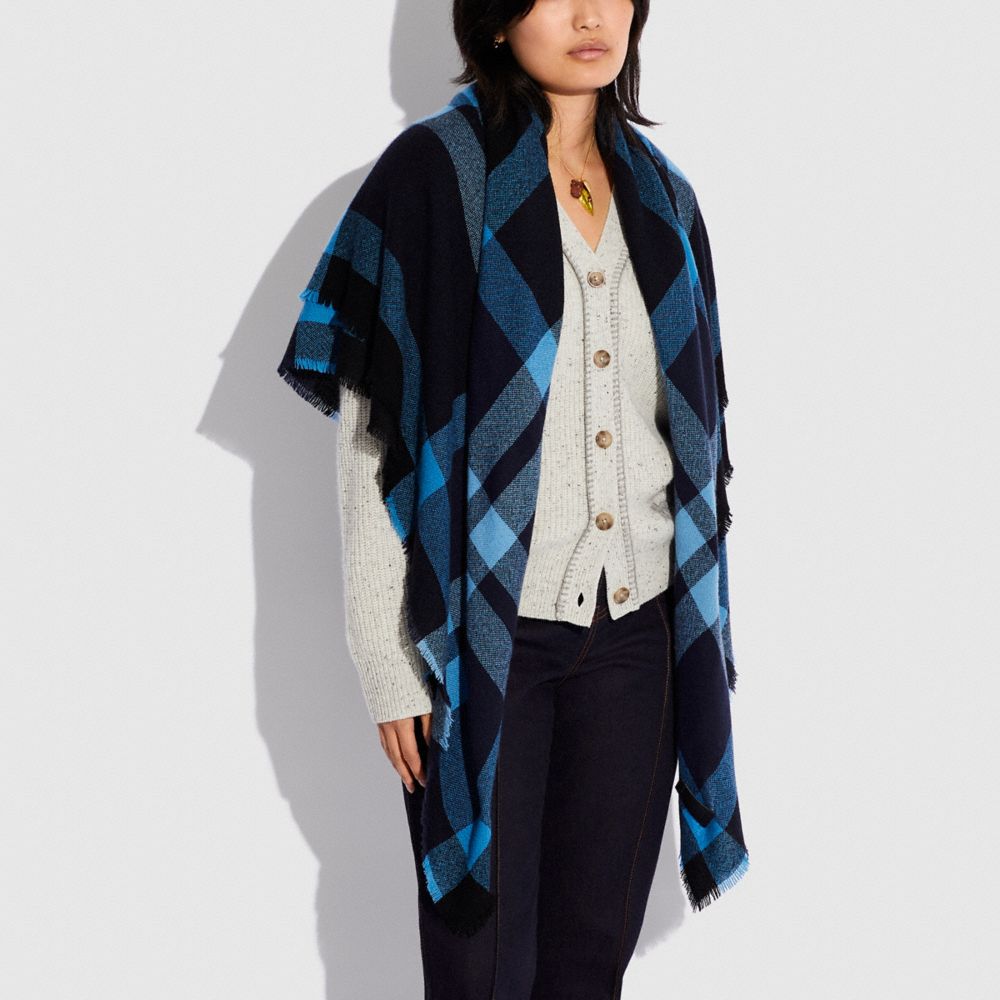 COACH®,Plaid Print Cashmere Oversized Blanket Scarf,,Detail View