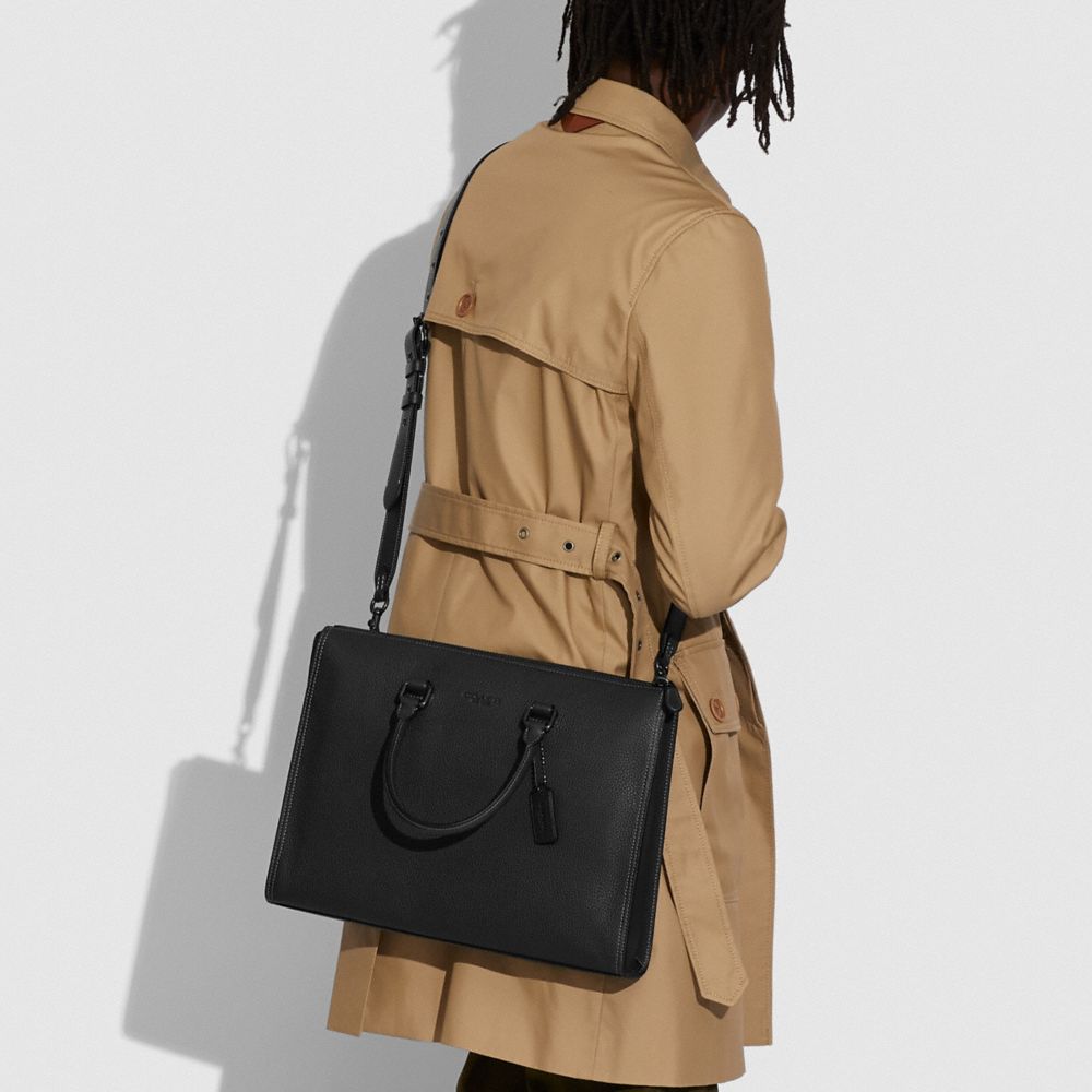COACH®,Gotham Folio Bag,Leather,Briefcase,Logo,Embossed,Work,Black,Detail View