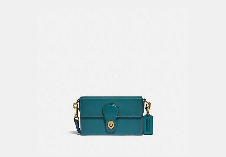 COACH®,CITY BLOCKS RECTANGLE BAG 18,Leather,Mini,Brass/Deep Teal,Front View