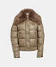 COACH®,PUFFER JACKET WITH SHEARLING,Nylon,OYSTER,Front View