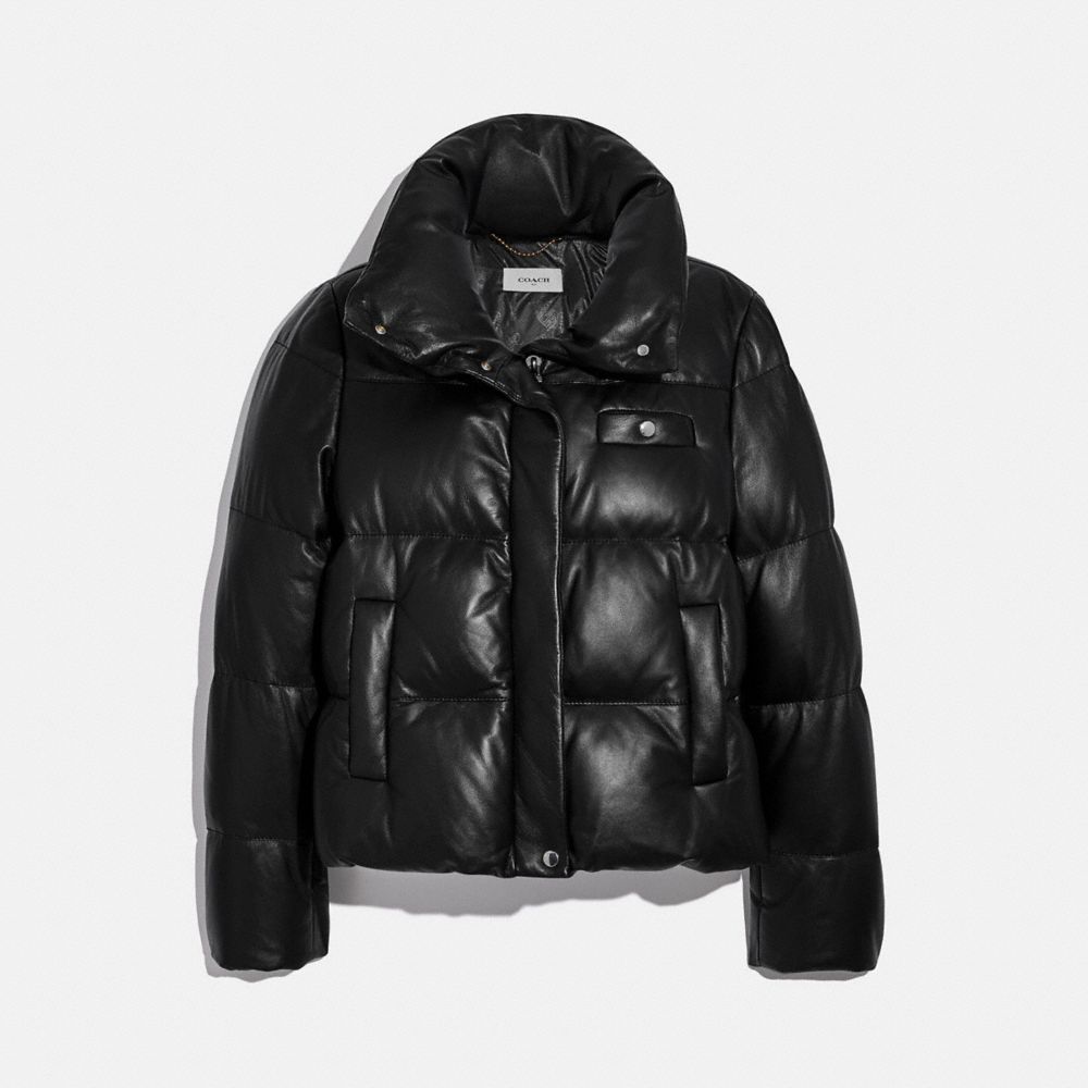 COACH®,BLOUSON DOUDOUNE EN CUIR,Cuir,Noir,Front View