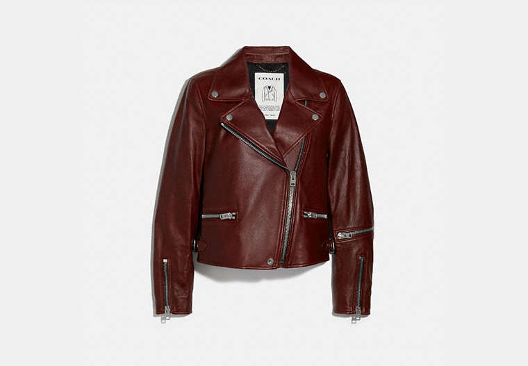COACH®,BIKER JACKET,Smooth Leather,RUSSET,Front View
