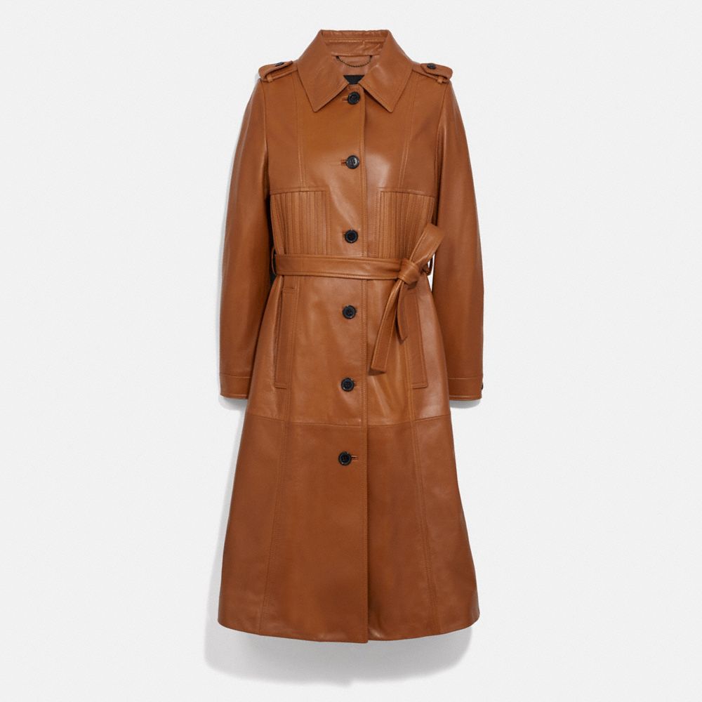 COACH®,STRIPED LEATHER TRENCH COAT,Leather,HAZEL,Front View image number 0