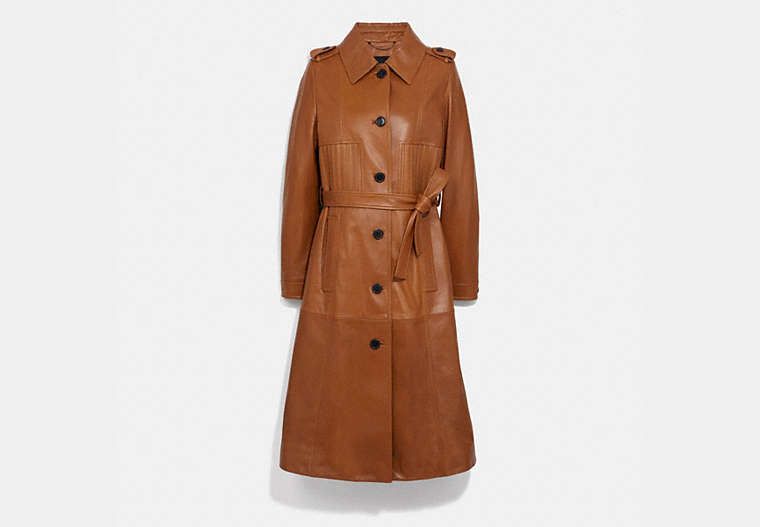 COACH®,STRIPED LEATHER TRENCH COAT,Leather,HAZEL,Front View