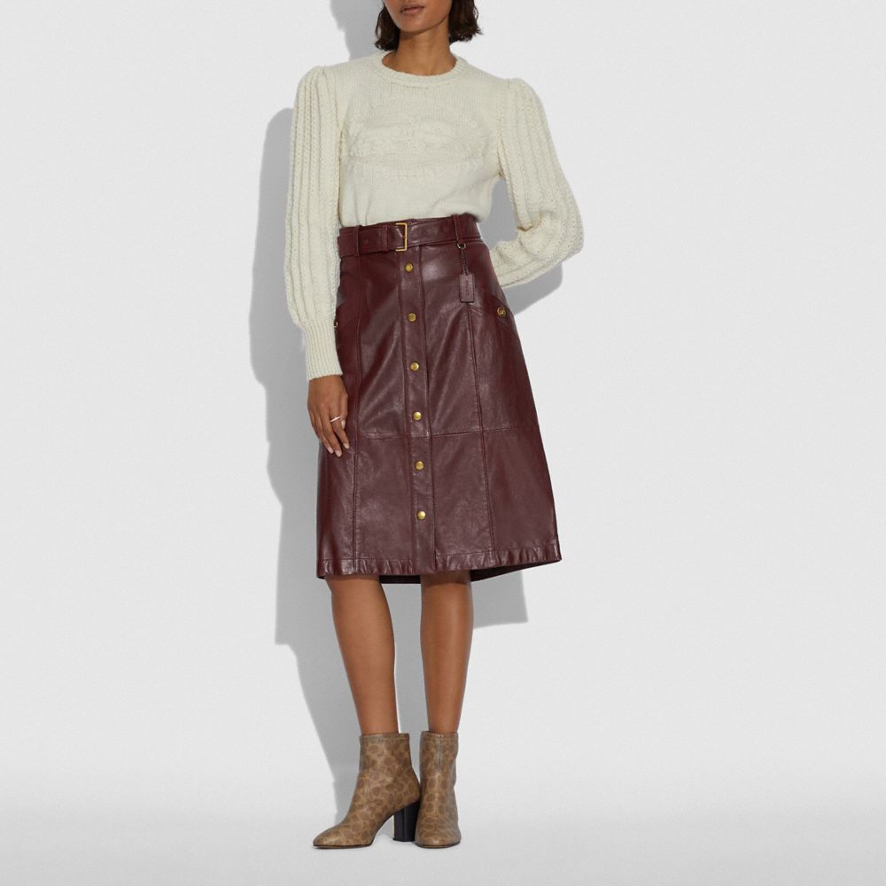 COACH®: Snap Front Leather Skirt