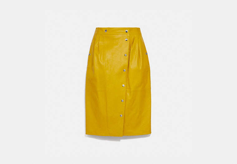 COACH®,LEATHER SNAP MIDI SKIRT,Leather,Sun Yellow,Front View image number 0