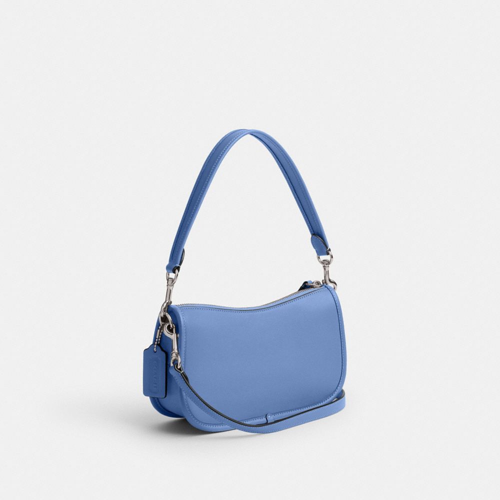 COACH®,Swinger Bag,Leather,Shoulder Bag,Logo,Metal,Gold Metal,Day Party,Blue,Angle View