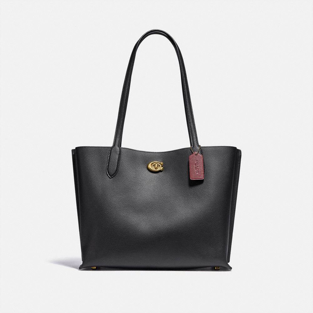 COACH®,Willow Tote Bag,Leather,Tote,Embossed,Logo,Metal,Casual,Black,Front View