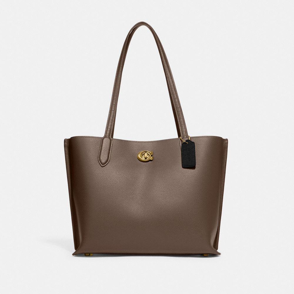 COACH®,Willow Tote Bag,Leather,Tote,Embossed,Logo,Metal,Casual,Brown,Front View