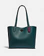 COACH®,WILLOW TOTE WITH SIGNATURE CANVAS INTERIOR,Pebble Leather,Large,Pewter/Forest,Front View
