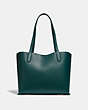 COACH®,WILLOW TOTE WITH SIGNATURE CANVAS INTERIOR,Pebble Leather,Large,Pewter/Forest,Back View