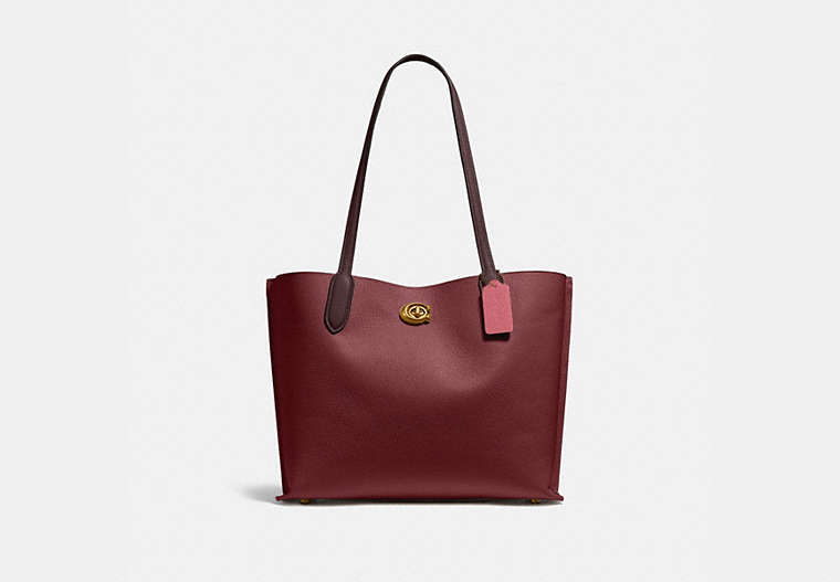 COACH®,WILLOW TOTE BAG IN COLORBLOCK,Pebble Leather,Large,Brass/Black Cherry Multi,Front View