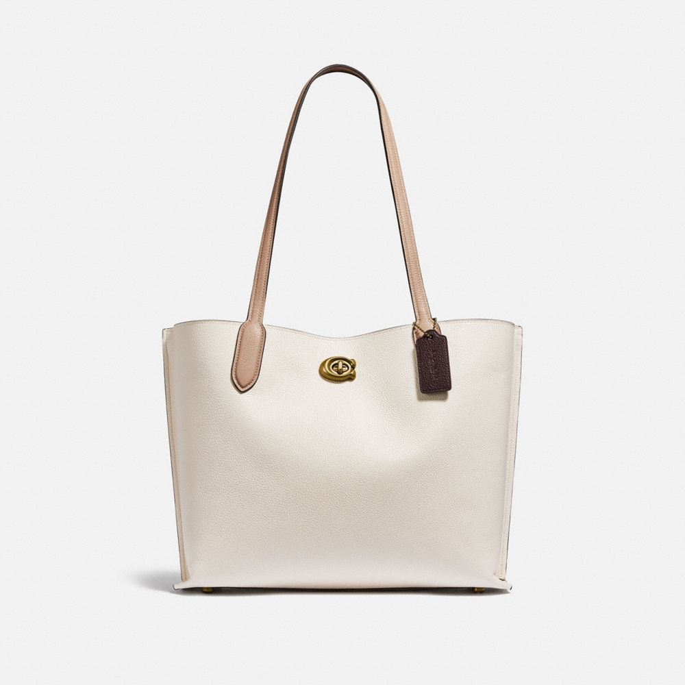 COACH®,WILLOW TOTE BAG IN COLORBLOCK,Refined Pebble Leather,Large,Brass/Chalk Multi,Front View