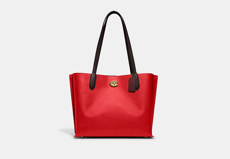 COACH®,WILLOW TOTE BAG IN COLORBLOCK,Pebble Leather,Large,Brass/Sport Red Multi,Front View