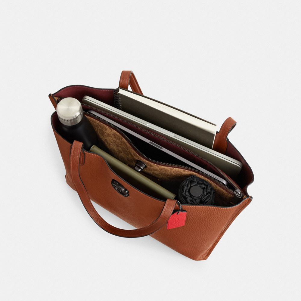 COACH®,Willow Tote Bag In Colorblock With Signature Canvas Interior,Leather,Tote,PVC,Logo,Metal,Gold Metal,Casual,Olive,Inside View, Top View