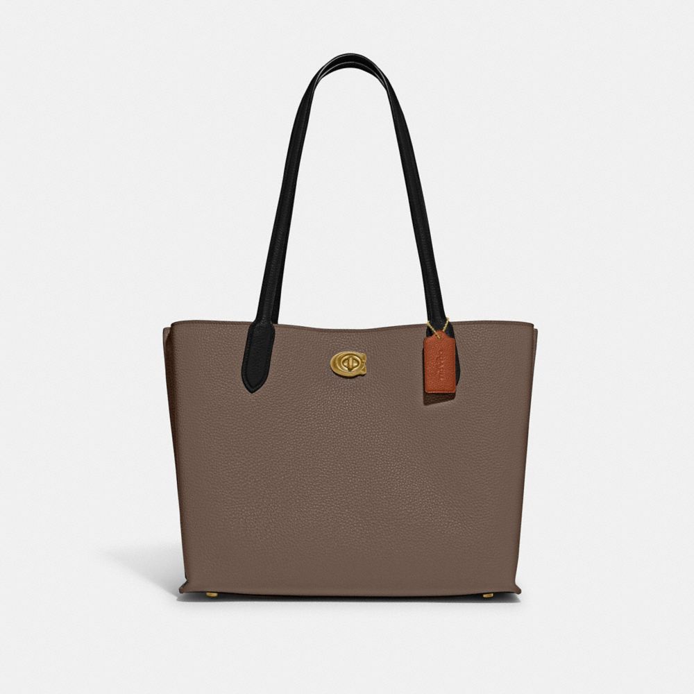 COACH®,WILLOW TOTE BAG IN COLORBLOCK WITH SIGNATURE CANVAS INTERIOR,Pebble Leather,Large,Brass/Dark Stone,Front View