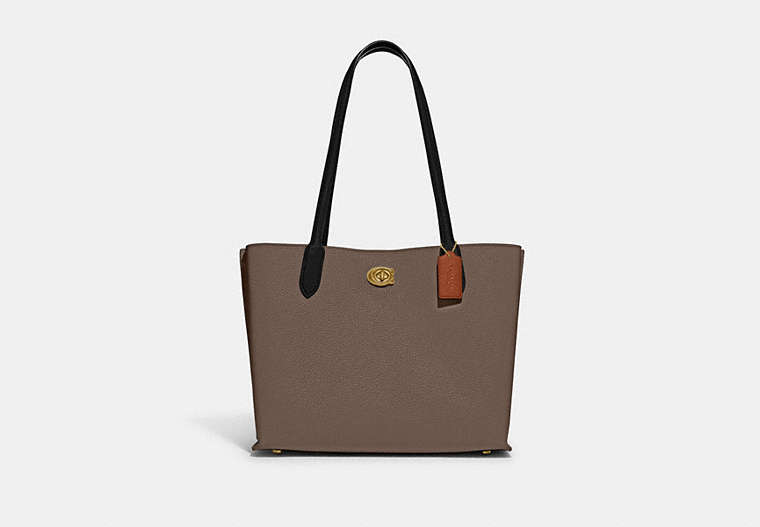 COACH®,WILLOW TOTE IN COLORBLOCK WITH SIGNATURE CANVAS INTERIOR,Pebble Leather,Large,Brass/Dark Stone,Front View image number 0