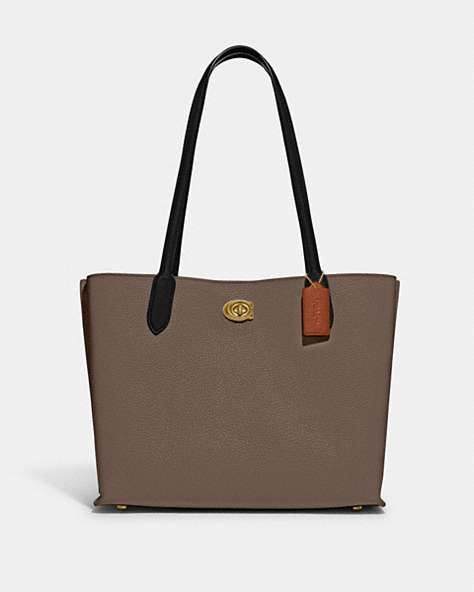 COACH®,WILLOW TOTE IN COLORBLOCK WITH SIGNATURE CANVAS INTERIOR,Pebble Leather,Large,Brass/Dark Stone,Front View