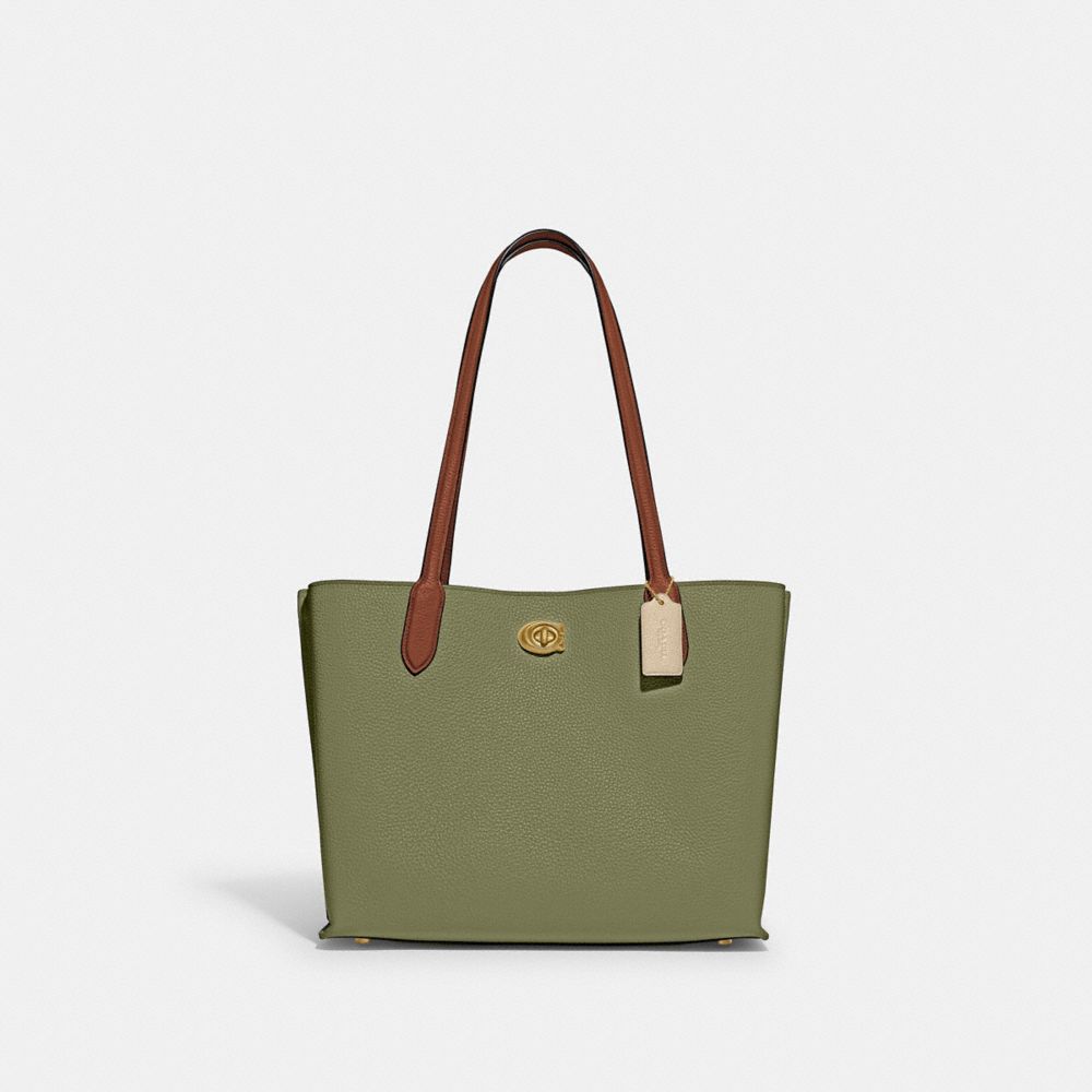 COACH®,WILLOW TOTE BAG IN COLORBLOCK WITH SIGNATURE CANVAS INTERIOR,Pebble Leather,Large,Brass/Moss,Front View image number 0