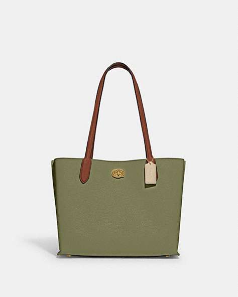 COACH®,WILLOW TOTE BAG IN COLORBLOCK WITH SIGNATURE CANVAS INTERIOR,Pebble Leather,Large,Brass/Moss,Front View