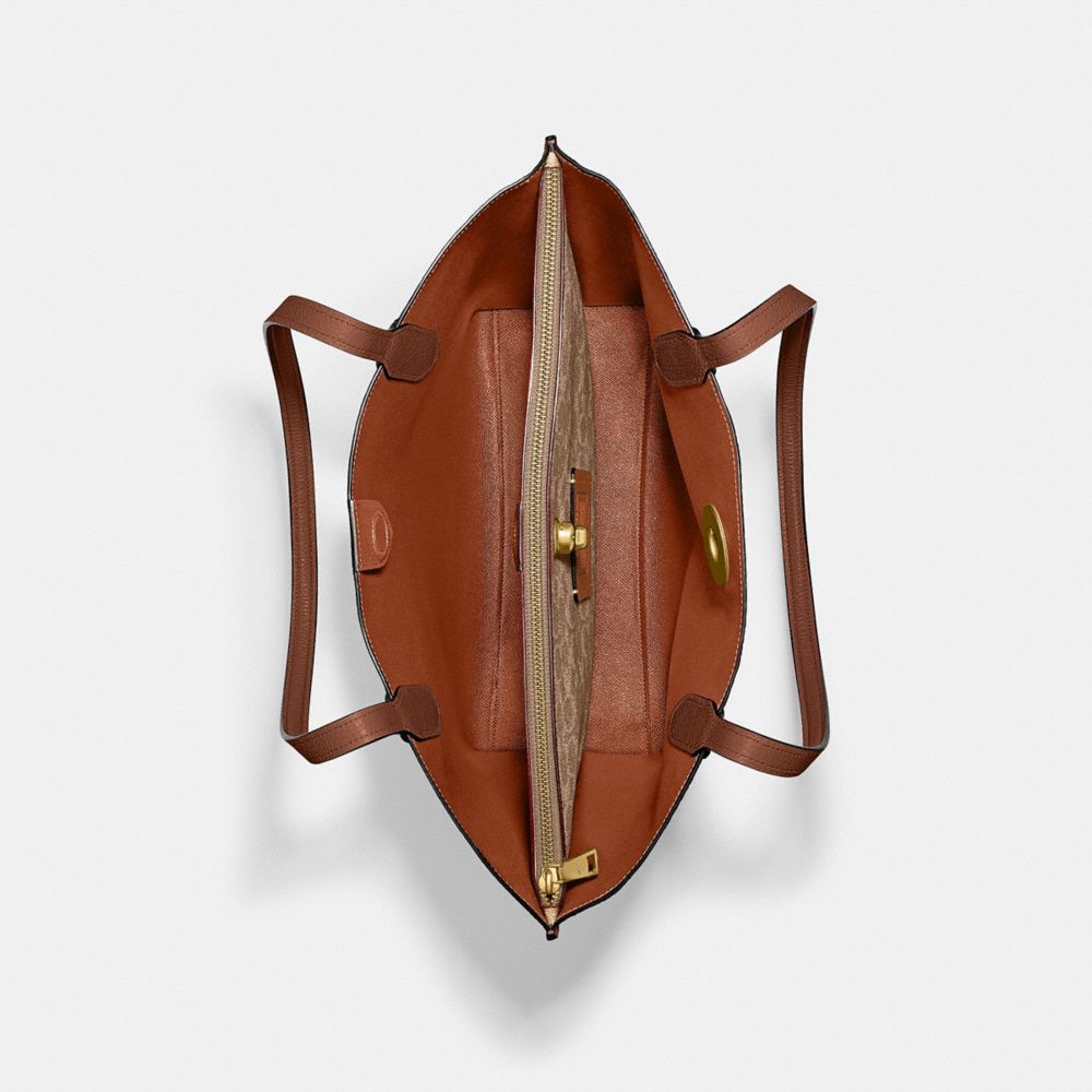 COACH®,Willow Tote Bag In Colorblock With Signature Canvas Interior,Leather,Tote,PVC,Logo,Metal,Gold Metal,Casual,Olive,Inside View,Top View