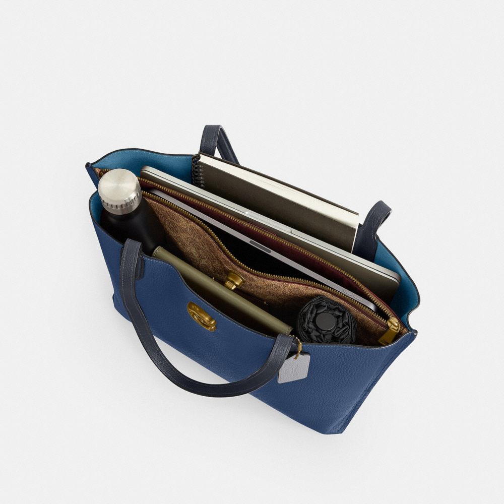COACH®,Willow Tote Bag In Colorblock With Signature Canvas Interior,Leather,Tote,PVC,Logo,Metal,Gold Metal,Casual,,Inside View,Top View