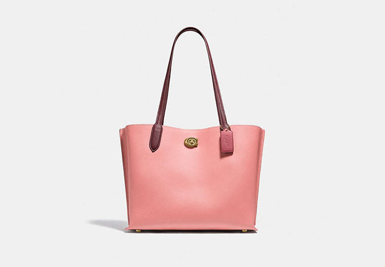 COACH®,WILLOW TOTE IN COLORBLOCK WITH SIGNATURE CANVAS INTERIOR,Pebble Leather,Large,Brass/Candy Pink Multi,Front View