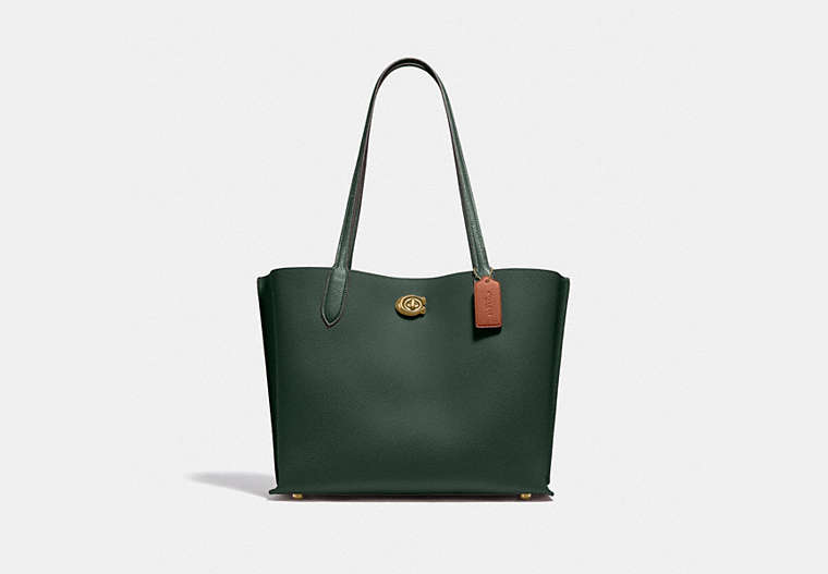 COACH®,WILLOW TOTE BAG IN COLORBLOCK WITH SIGNATURE CANVAS INTERIOR,Pebble Leather,Large,Brass/Amazon Green Multi,Front View
